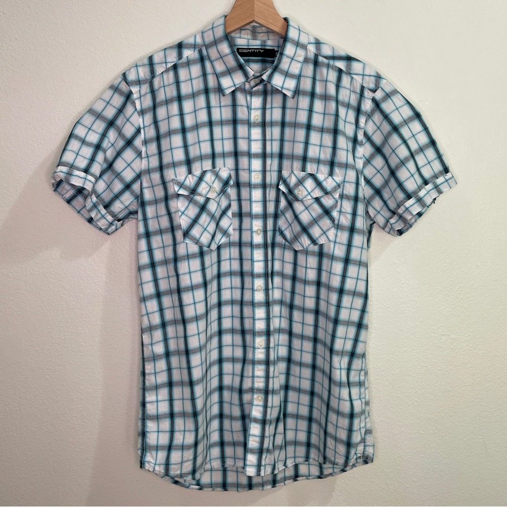 Vintage IDENTITY Plaid Short Sleeve Cotton Button Up Shirt - Blues/White